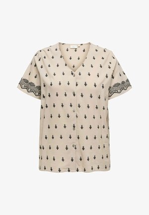 Beige Kurzarmhemd mit V-Ausschnitt, das schwarze geometrische Muster und gestickte Akzente an den Ärmeln aufweist. Mit Knopfleiste.