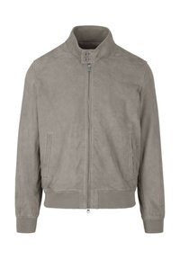 Giacca bomber in suede grigio con colletto alto, chiusura frontale con zip, tasche laterali e polsini e orlo a coste per un look aderente.