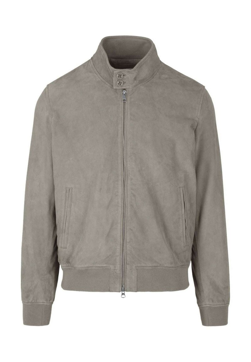 Giacca bomber in suede grigio con colletto alto, chiusura frontale con zip, tasche laterali e polsini e orlo a coste per un look aderente.