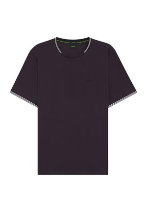 T-shirt a maniche corte di colore viola scuro realizzato in cotone. Presenta un collo rotondo con bordi bianchi e un piccolo logo nero sul petto.