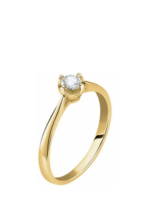 Goldener Solitärring mit einem einzelnen rund geschliffenen Diamanten, gehalten von vier Krappen auf einem glatten, polierten Ring.