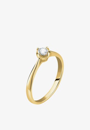 Goldener Solitärring mit einem einzelnen rund geschliffenen Diamanten, gehalten von vier Krappen auf einem glatten, polierten Ring.