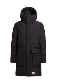 Parka nera imbottita con colletto alto, cappuccio regolabile, tasche sul petto con zip e ampie tasche frontali con pattina. Tessuto liscio.