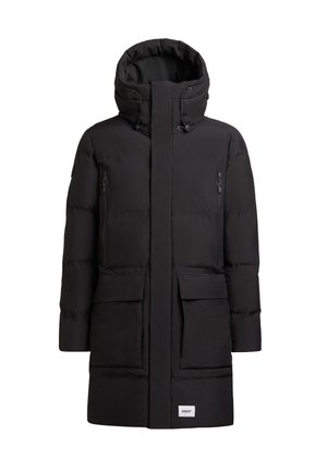 Black padded parka jacket with a high collar, adjustable hood, zippered chest pockets, and large front flap pockets. Smooth texture.