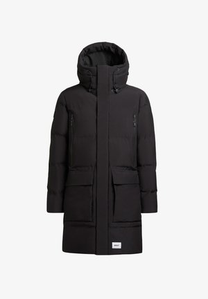 Black padded parka jacket with a high collar, adjustable hood, zippered chest pockets, and large front flap pockets. Smooth texture.