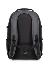 Zaino nero e grigio con spallacci imbottiti e regolabili, un esterno resistente e tasche laterali in rete. Maniglia anteriore per il trasporto.