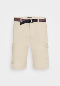 Pantaloni cargo beigi realizzati in cotone, dotati di una cintura a righe blu navy e rosse, tasche laterali e un taglio dritto con orlo che termina sopra il ginocchio.