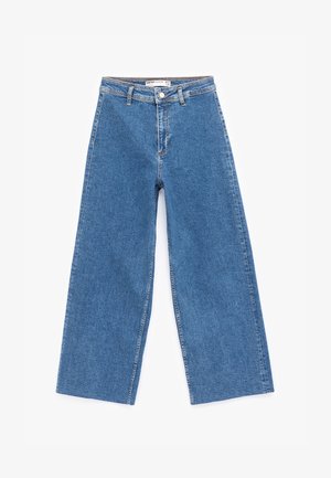 Bredde ben blå denimjeans med høj talje, knaplukning og klassisk fem-lomme-design. Har en glat tekstur og ren syning.