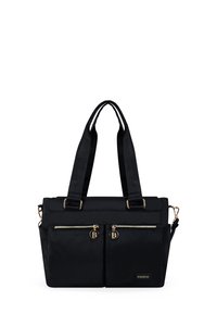 Bolsa tote de nylon negra con doble bolsillo frontal con cremallera, herrajes en tono dorado y doble asa corta. Incluye una correa de hombro ajustable.