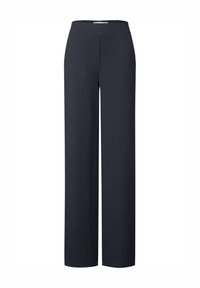 Marineblauwe wijde broek van rekbare stof, met een elastische tailleband en een gladde textuur zonder zichtbare sluitingen.