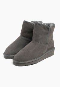 Botas de tobillo de ante gris con un suave forro de pelo, puntera redondeada y suela plana de goma. Detalles de costura en los lados.
