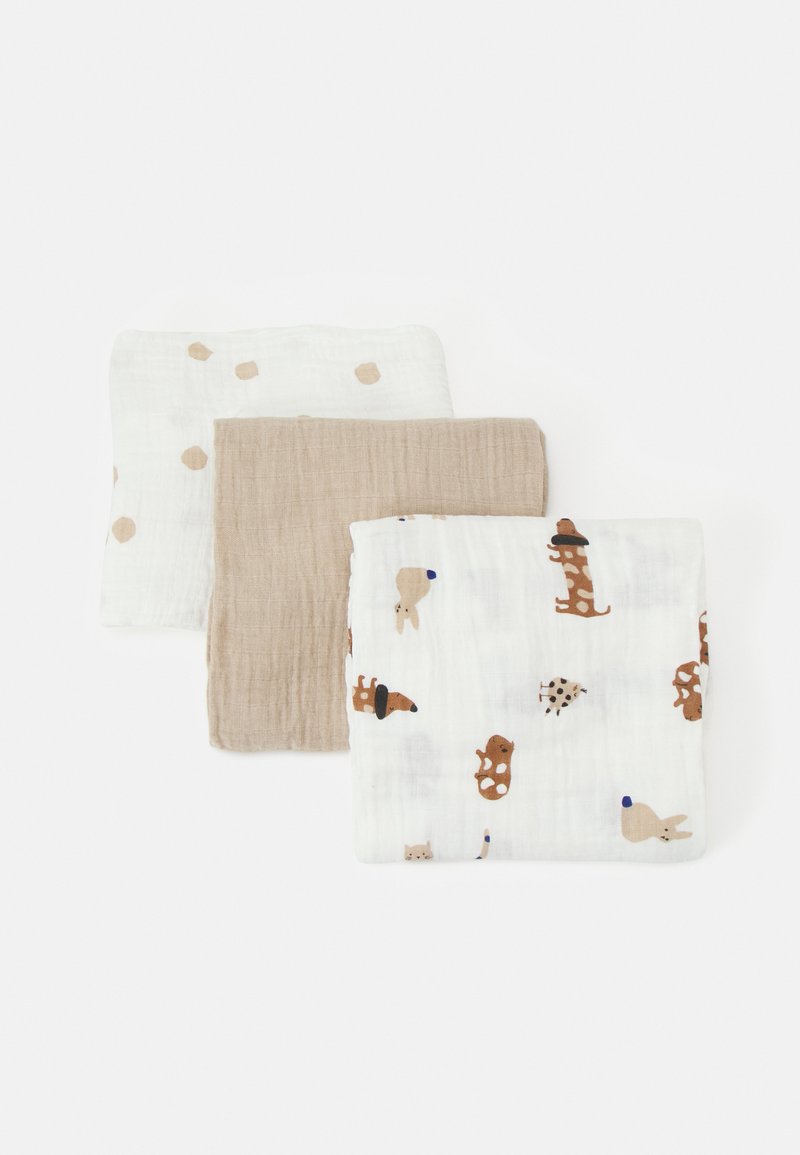 Tre muslin-kluter: en hvit med beige prikker, en ensfarget beige, og en hvit med brune dyremønstre. Mykt, lett og pustende materiale.