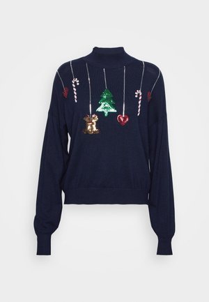 Granatowy sweter z długimi rękawami i świątecznymi cekinowymi dekoracjami: laski cukrowe, serca, choinka oraz renifer zwisające na sznurkach.