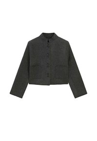 Giacca di lana grigia scura cropped con maniche lunghe, colletto a bustina, chiusura frontale con bottoni e due tasche applicate frontali.