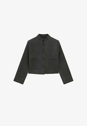 Czarna, przykrótka, wełniana kurtka z długimi rękawami, stójką, zapięciem na guziki z przodu oraz dwiema przednimi kieszeniami typu patch.