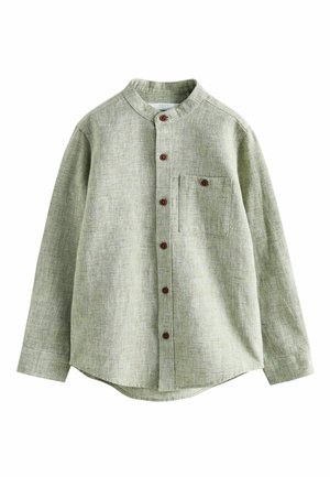 Hellgraues, langärmeliges Hemd mit Knöpfen, mandarin-Kragen, braunen Knöpfen und einer mit Knöpfen versehenen Brusttasche, aus strukturiertem Stoff gefertigt.