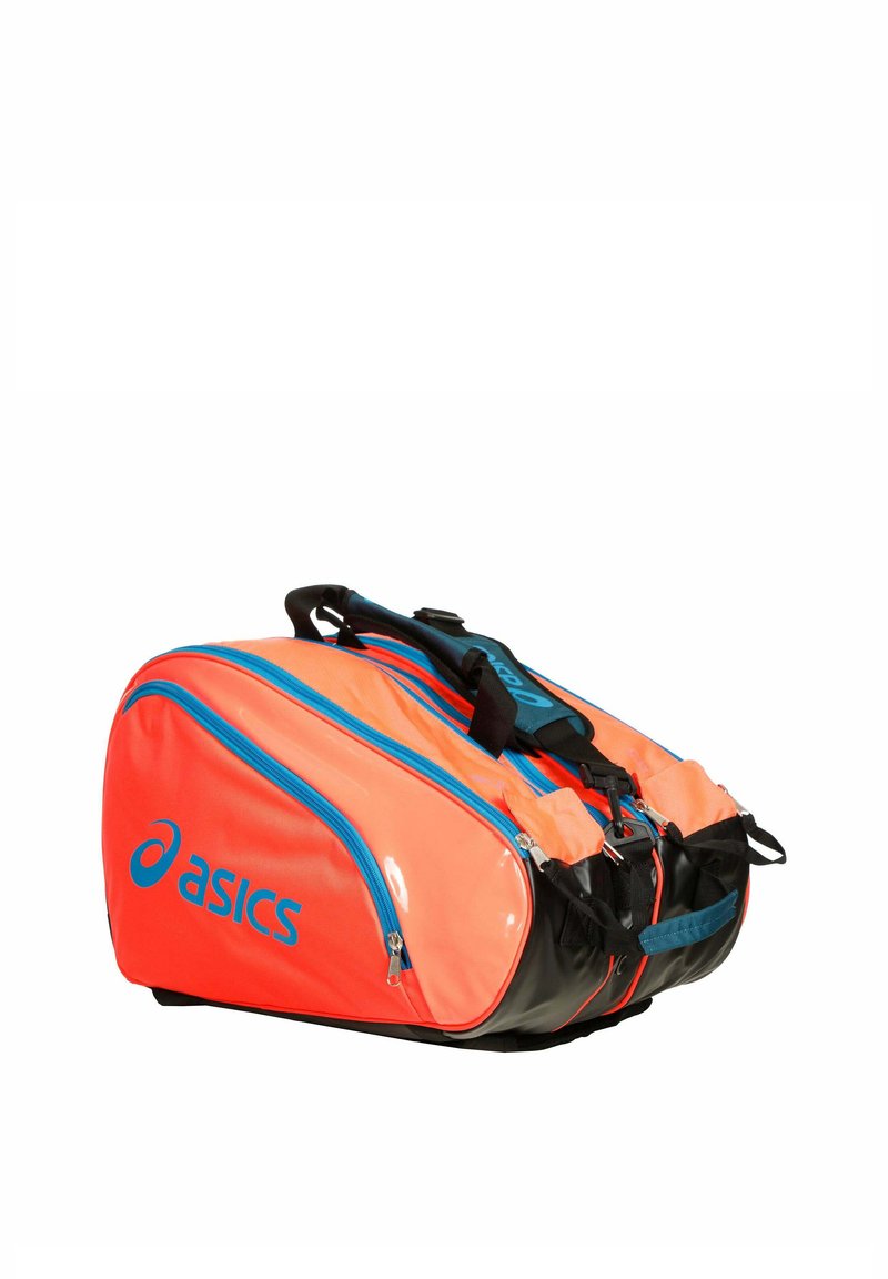 Bright orange and black ASICS sports bag with blue zippers and handles, shown on a white background.