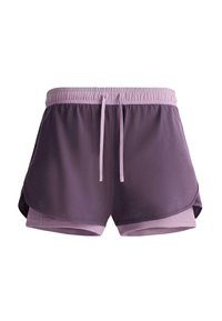 Dwukolorowe, purpurowe, warstwowe damskie spodenki sportowe z elastycznym pasem i regulacją na przodzie, zaprojektowane z myślą o komforcie i aktywnym użytkowaniu.