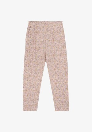 Bloemmotief, roze stoffen broek met een elastische tailleband. Het ontwerp heeft kleine gele en paarse bloemen tegen een lichte achtergrond.