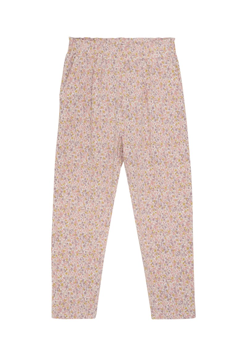 Rosenmusterte, pinkfarbene Stoffhosen mit einem elastischen Bund. Das Design zeigt kleine gelbe und lila Blumen auf einem hellen Hintergrund.
