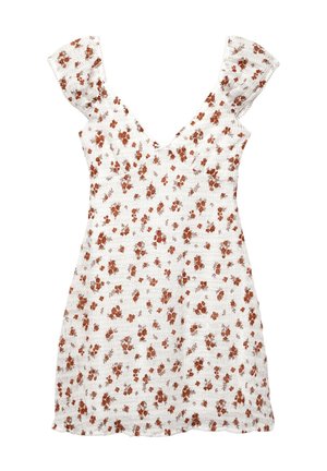 Robe florale blanche avec des fleurs rouge-brun, décolleté en V profond et manches courtes à volants. Présente un motif texturé et un corsage ajusté.