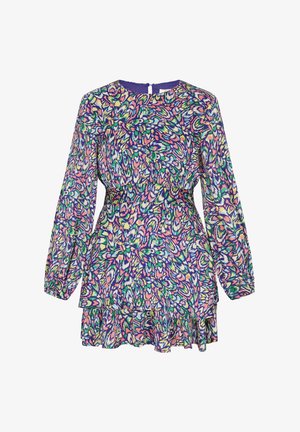 Kukallinen mekko pitkillä hihoilla, violetti pohja ja moniväriset yksityiskohdat vihreänä, vaaleanpunaisena ja sinisenä. Mekossa on röyhelöhelma.