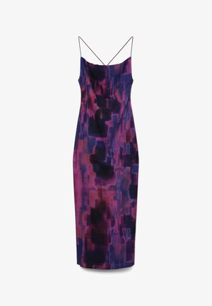 Abito midi senza maniche in viola e rosa con un motivo astratto. Presenta un scollo dritto e sottili spalline. Tessuto dalla texture liscia.