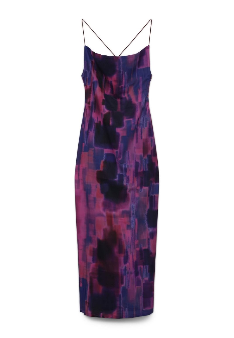 Sleeveless midi dress in purple and pink with an abstract pattern. Features a straight neckline and thin straps. Smooth fabric texture.