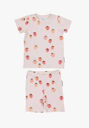 Lasten lyhythihainen paita ja shortsit, joissa on vaaleanpunaisella kankaalla vaaleanpunaisia ja oransseja mansikkakuvioita.