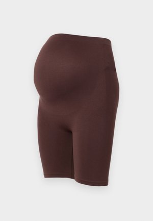 Bruine, rekbare zwangerschapsshorts met een hoge taille, ontworpen om een groeiende buik te accommoderen. Glad textuur, midden op de dij lengte, geen zichtbare naden.