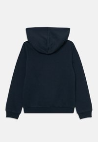 Dunkel navyblauer Kapuzenpullover mit gerippten Bündchen und Saum, weichem Material und lässigem Schnitt, ohne sichtbare Designdetails an der Vorderseite.