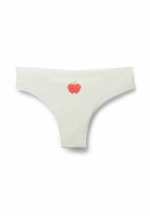 Weiße Damen-Tanga-Unterwäsche mit einem kleinen rot-pixeligen Apfeldesign in der Mitte des vorderen Bunds.