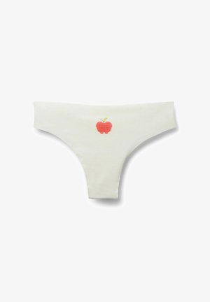 Weiße Damen-Tanga-Unterwäsche mit einem kleinen rot-pixeligen Apfeldesign in der Mitte des vorderen Bunds.