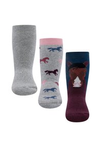 Trzy pary skarpetek dziecięcych: szare z wzorem w różowe i niebieskie konie; różowe z niebieskimi końmi; oraz bordowe z wizerunkiem konia.