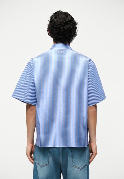 Homme aux cheveux bouclés foncés portant une chemise à manches courtes rayée verticalement bleue et blanche et un jean en denim bleu, tourné de dos à la caméra.