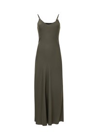 Vestido maxi sin mangas de color verde oliva, confeccionado en una tela suave y ligera. Presenta tirantes delgados y un corte relajado que fluye hasta el suelo.