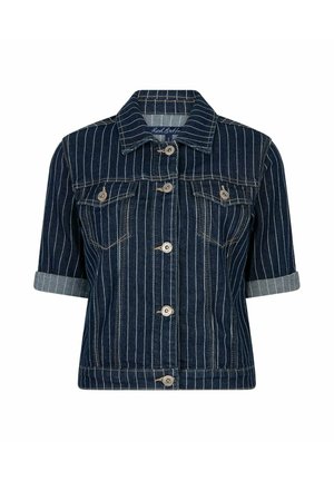 Donkerblauwe spijkerjas met witte verticale krijtstrepen, korte opgerolde mouwen, knoopsluiting aan de voorkant en borstzakken met klep en knopen.