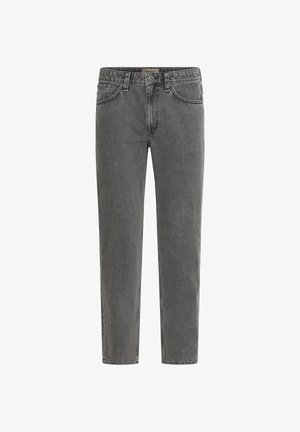 Light gray denim jeans with a straight leg design, five pockets, belt loops, and a zip fly. Fabric texture appears slightly worn.