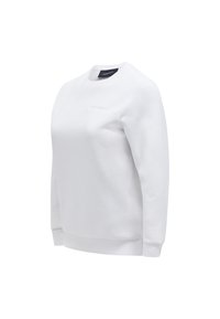 Felpa bianca a girocollo realizzata in tessuto morbido, con maniche lunghe, polsini a costine e un logo discreto ricamato sul petto.