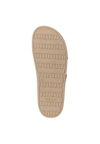 Tan rubber shoe sole with textured grid pattern and brand name. Curved edges and defined heel area. Size marked as 37.