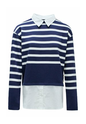 Haut rayé à manches longues bleu marine et blanc avec un col, présentant un design court et un tissu blanc superposé à l'ourlet.