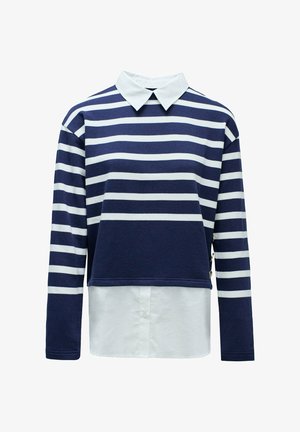 Top de rayas en azul marino y blanco de manga larga con cuello, que presenta un diseño recortado y una capa de tela blanca en el dobladillo.