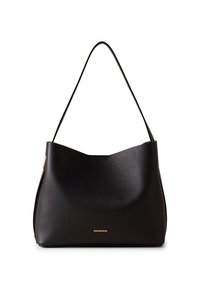 Black leather handbag with a smooth texture, curved silhouette, long strap, and gold branding on the lower front. Minimalist design.