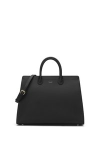 Black leather handbag with a structured shape, dual top handles, removable shoulder strap, and a subtle embossed logo on the front.
