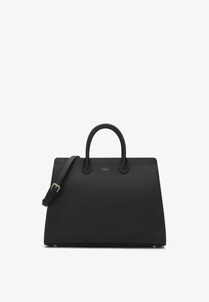 Black leather handbag with a structured shape, dual top handles, removable shoulder strap, and a subtle embossed logo on the front.
