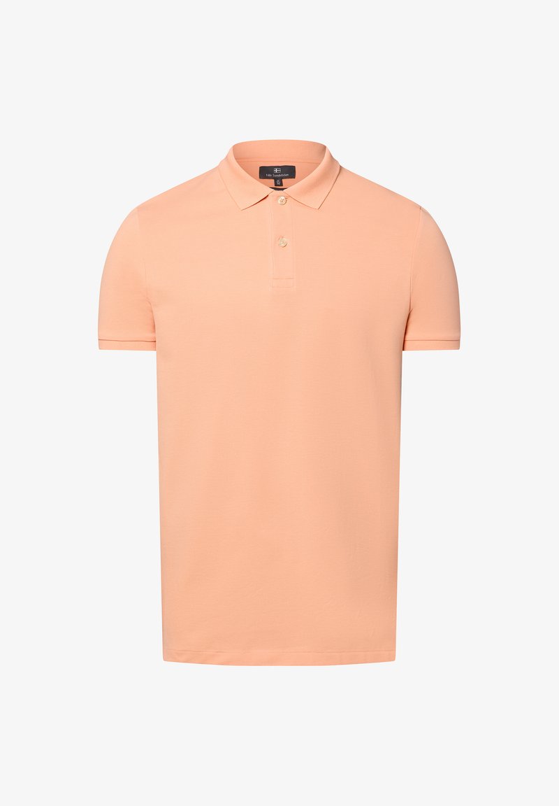 Pfirsichfarbene Poloshirt aus Baumwolle mit Kragen, kurzen Ärmeln und einer zwei-knöpfigen Knopfleiste, die eine dezente Textur aufweist.