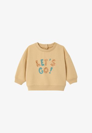 Beige long-sleeve toddler sweatshirt with ribbed cuffs, snap button at back, and "LET'S GO!" text in mixed blue and animal print font on front.