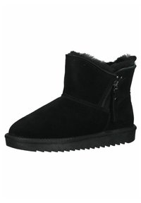 Schwarze Wildleder-Stiefeletten mit Futter aus Fell, seitlichem Reißverschluss, strukturiertem Sohlen und abgerundeter Zehenform.
