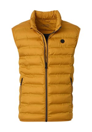 Gepolsterte ärmellose Herrenweste in Senfgelb mit durchgehendem Reißverschluss vorne, Stehkragen und seitlichen Reißverschlusstaschen.