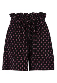 Pantaloni corti neri con un elastico arricciato in vita, legati davanti, caratterizzati da un motivo a diamante rosa. Realizzati in tessuto leggero.